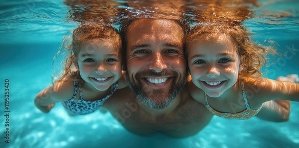 Obraz Happy family swimming underwater in a sparkling pool
