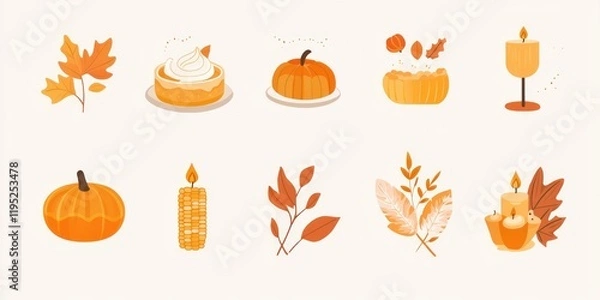 Fototapeta Thanksgiving icons with fall leaves, pies, corn, and candles in a playful and modern flat design style