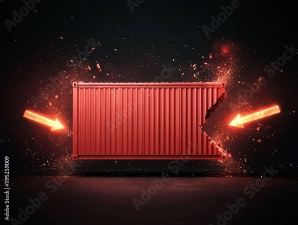Obraz A dramatic image featuring a red shipping container with explosive effects.