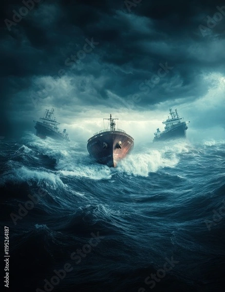 Obraz Ships navigate through turbulent waters beneath a stormy sky, evoking adventure and challenge.