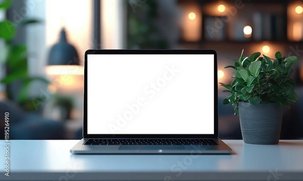 Fototapeta Home office setup modern laptop display cozy workspace indoor environment relaxed viewpoint productivity concept
