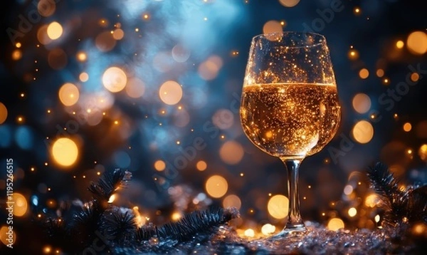 Fototapeta Celebratory drink sparkling in a glass festive atmosphere high-quality image close-up view glimmering lights