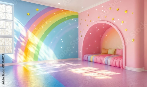 Fototapeta Colorful rainbow mural in playroom creative space interior design cheerful environment bright viewpoint imaginative concept