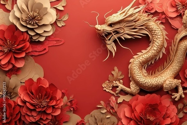 Fototapeta Majestic golden dragon surrounded by red flowers artistic wall art vibrant color palette close-up view symbol of power