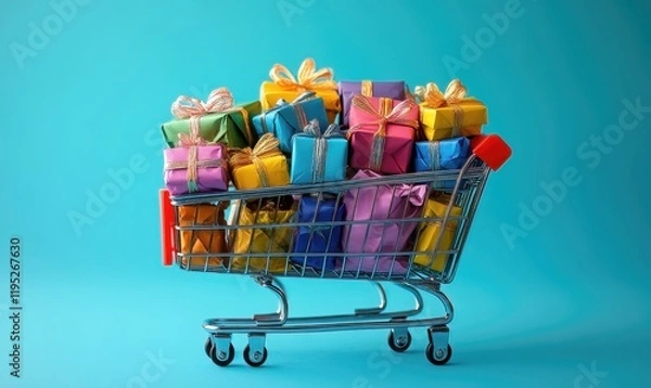 Fototapeta Exciting shopping event colorful gift packages in a cart studio background visual content cheerful atmosphere