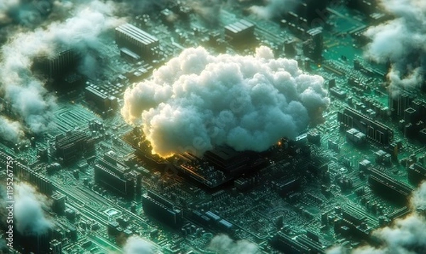Fototapeta Explosive cloud formation over circuit board futuristic city digital art atmospheric aerial view technology concept