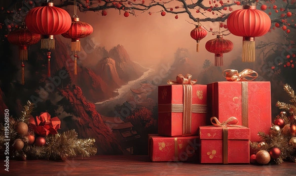 Fototapeta Celebrating lunar new year with festive decor red lanterns gifts and traditional elements cozy atmosphere elegant design