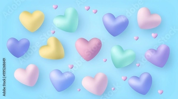 Obraz 3D Pink and Pastel toned Hearts Frame on Minimalist soft blue Background, Romantic Valentine’s Day Design