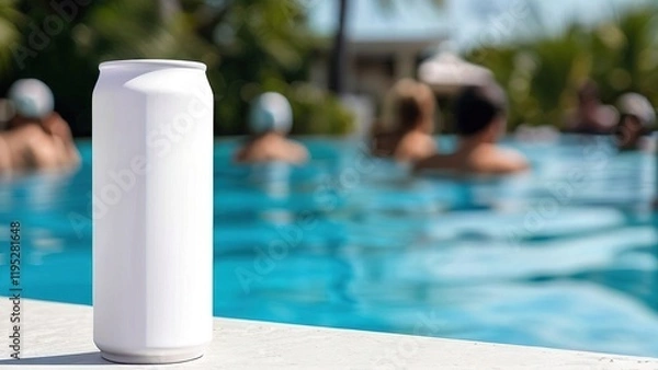 Fototapeta A refreshing beverage can stands by a serene poolside with people enjoying a sunny day