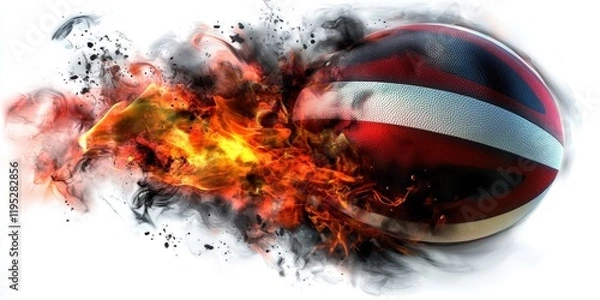 Obraz 3D Render of a Rugby Ball Surrounded by Flames, Set Against a White Background, Showcasing Intensity and Motion.