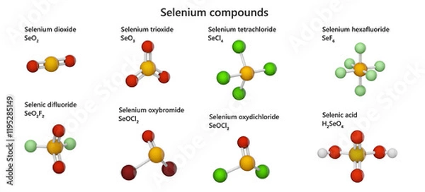 Fototapeta Various Selenium (Se) compounds: oxide, dioxide, trioxide, tetrachloride, hexafluoride, difluoride, oxybromide, oxydichloride, selenic acid. 3d illustration. Isolated on white background.