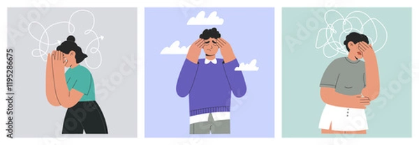 Fototapeta Frustrated, unhappy people set. Tangled thoughts, mental disorders and OCD concept. Depressed young characters suffering from ADHD, anxiety, headache. Flat vector illustrations isolated background