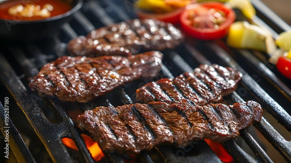 Fototapeta A sizzling Korean barbecue grill with marinated beef slices vegetables and dipping sauces on the side.