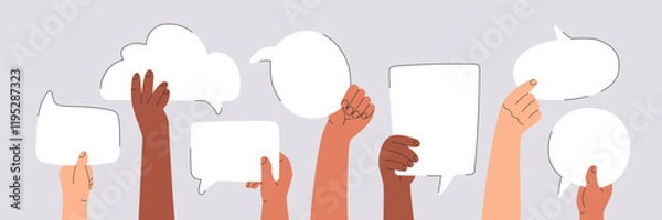 Fototapeta Group of diverse people holding speech bubbles in hands. Multicultural team sharing and exchanging ideas, opinions and information. Trendy vector banner template,  illustration isolated on background.