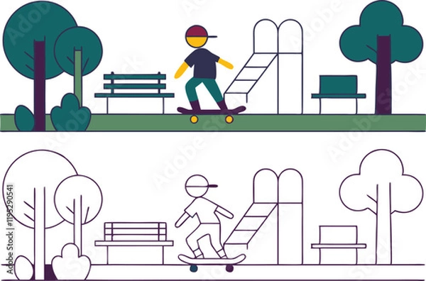 Obraz Skateboarding Boy in Park Playground, Trees, Bench, Recreation, Fun, Activity, Outdoor, Summer, Simp