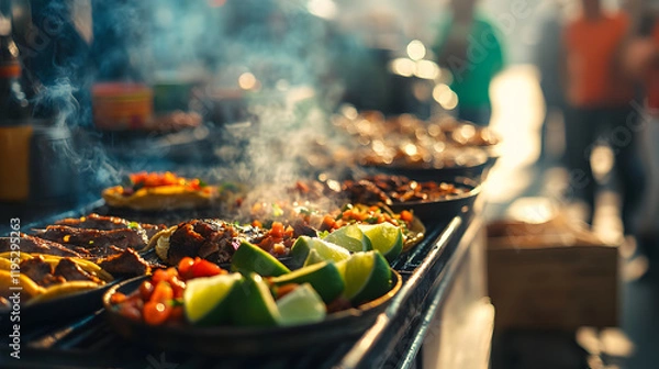 Fototapeta A street food scene with a vibrant taco stand serving fresh tacos filled with grilled meats salsa and lime wedges.