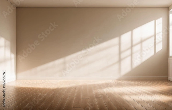Fototapeta A minimalist interior design of an empty room with a large window. The room features a light beige wall and a warm wooden floor. Natural light streams through the window