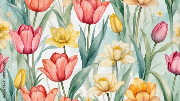 Fototapeta Watercolor background: tulips and daffodils on a matte background