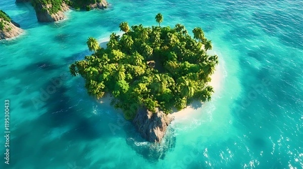 Obraz A tropical island surrounded by crystal-clear turquoise waters with lush greenery in the center