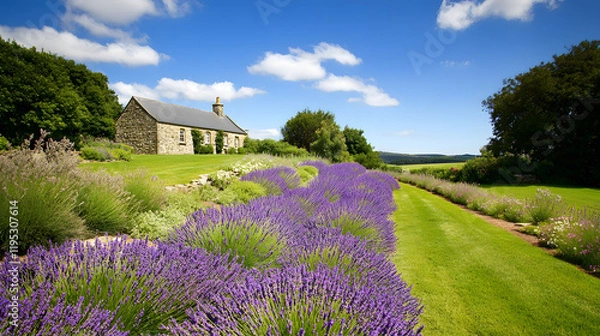 Fototapeta A vibrant lavender farm with neat rows of purple blossoms under a vivid blue sky a stone cottage in the distance.