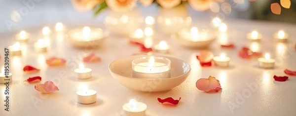 Fototapeta A romantic dinner table set with glowing candles rose petals scattered around, and soft neon highlights creates an intimate atmosphere