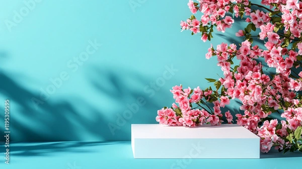 Obraz A vibrant display of pink flowers against a turquoise background, showcasing spring beauty.