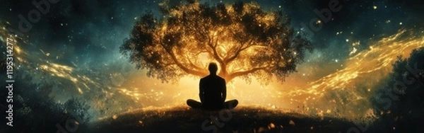 Fototapeta Mystical silhouette of a man meditating under a glowing tree in a vibrant cosmic landscape