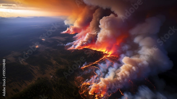 Fototapeta Panoramic aerial view of massive forest fire with spreading flame lines creating branching patterns across mountainous terrain under smoky orange sunset sky