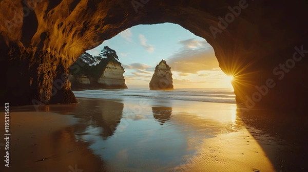 Fototapeta A beach sunset viewed through a cave opening with the sun casting reflections on the wet sand.