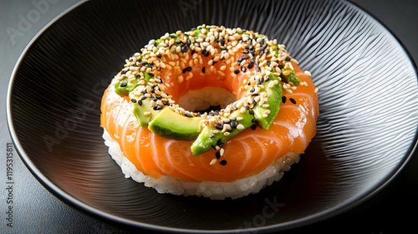 Fototapeta A beautifully plated sushi donut made with rice salmon avocado and sesame seeds presented on a sleek black plate.