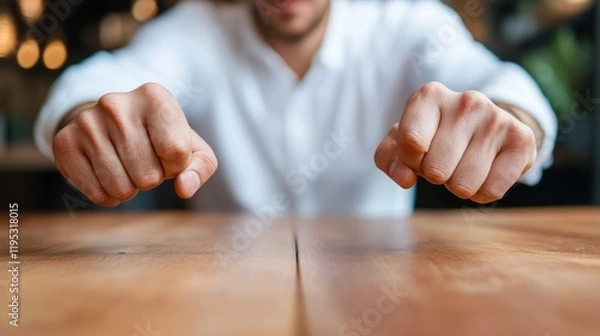 Fototapeta Tension builds as hands pound on a wooden table in a bustling cafe