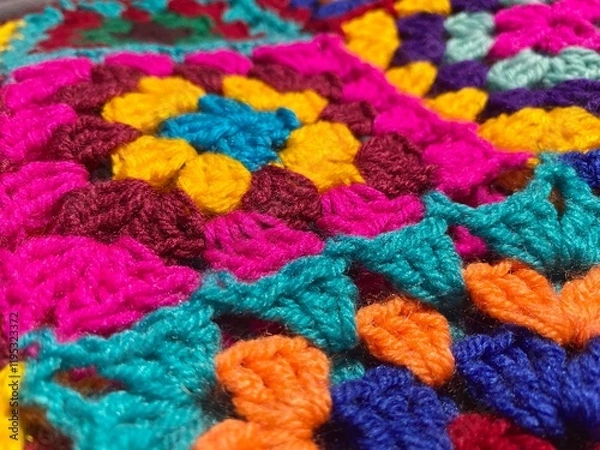 Fototapeta Crochet granny squares samples multicolor different colors photo handmade craft hobby	
