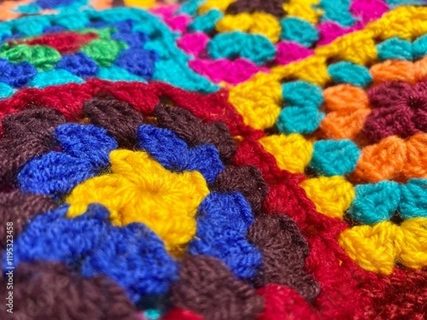 Fototapeta Crochet granny squares samples multicolor different colors photo handmade craft hobby	
