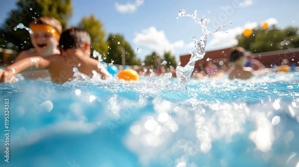 Fototapeta Kids enjoying a sunny day splashing in the pool at summer camp