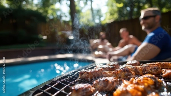 Obraz Summer barbecue by the pool creates a relaxed and joyful gathering
