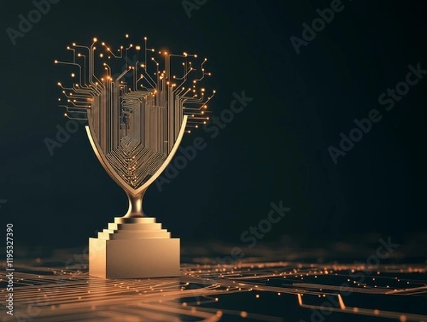 Obraz Glowing Data Lines Trophy on Microchip - Futuristic Digital Achievement Symbol, Photorealistic Design