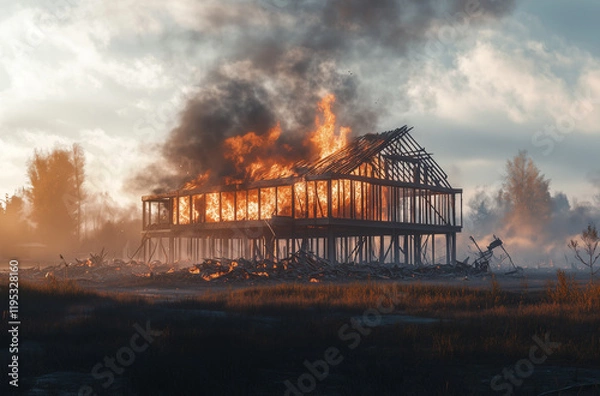 Fototapeta A wooden structure on fire, burning down to the ground in an open field next to two barns. The flames dance high above, and smoke billows from various spots around it.