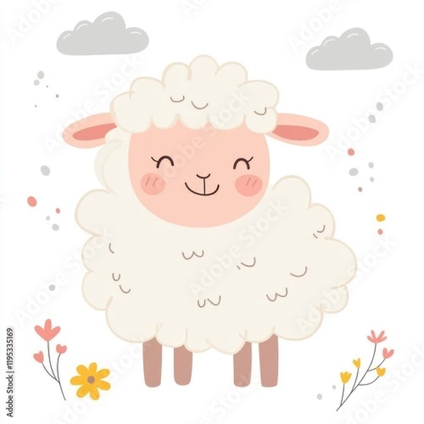 Fototapeta Smiling sheep cartoon illustration with clouds and flowers, for use in kids? content