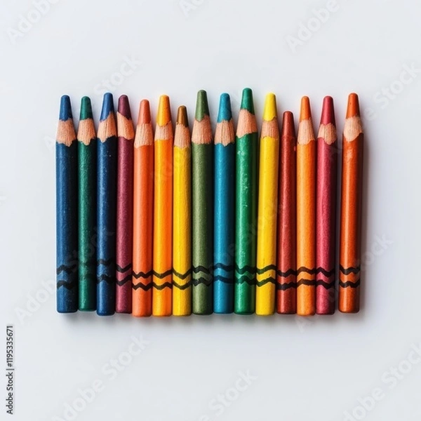 Fototapeta Colorful crayons neatly arranged in a creative display on a white background