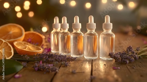 Fototapeta Clear herbal bottles arranged neatly next to fresh oranges and lavender on a rustic wooden table in a softly lit setting