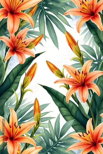 Fototapeta A lively watercolor design featuring exotic lilies with vivid red and yellow petals, set against a backdrop of lush green leaves, forms a captivating tropical motif on the fabric surface.