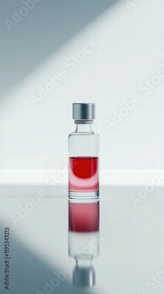 Fototapeta Vibrant red liquid in glass vial on reflective white surface