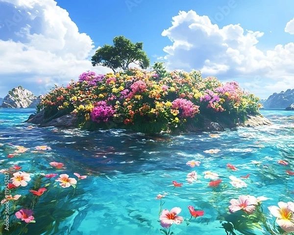 Obraz A vibrant tropical island covered in flowers and surrounded by sparkling turquoise waters