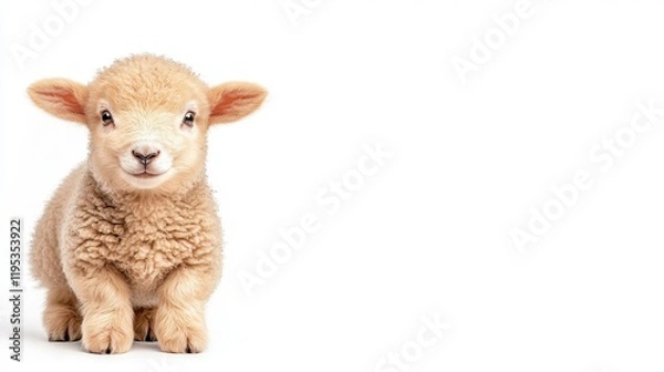 Fototapeta A cute and fluffy lamb with big, expressive eyes, standing against a white background. Perfect for farm, spring, and nature-themed projects.