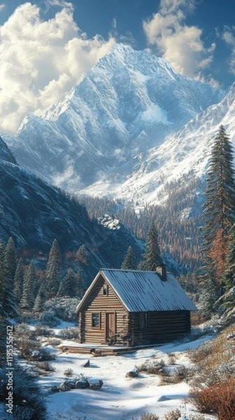 Obraz Secluded cabin in a tranquil winter landscape surrounded by majestic mountains and serene trees