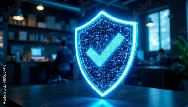 Obraz Glowing shield hologram with digital checkmark symbolizing protection and trust