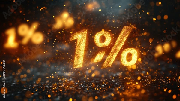 Fototapeta Glowing percentage symbol in space with sparkling particles and light