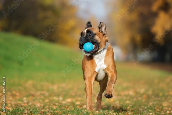 Fototapeta happy boxer dog running with a ball in autumn