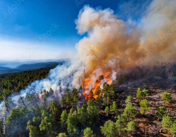 Fototapeta An aerial view of a forest fire spreading, highlighting the various hues of flames amidst the trees.