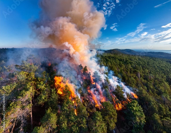 Fototapeta An aerial view of a forest fire spreading, highlighting the various hues of flames amidst the trees.